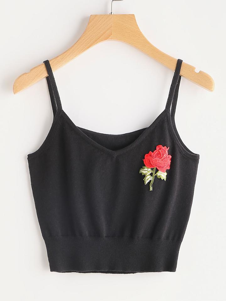 Shein Embroidered Rose Patch Knit Cami Top