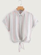 Shein Tie Front Cuffed Dolman Sleeve Striped Shirt