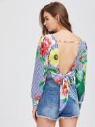 Shein Twist Front Backless Tie Detail Random Printed Blouse