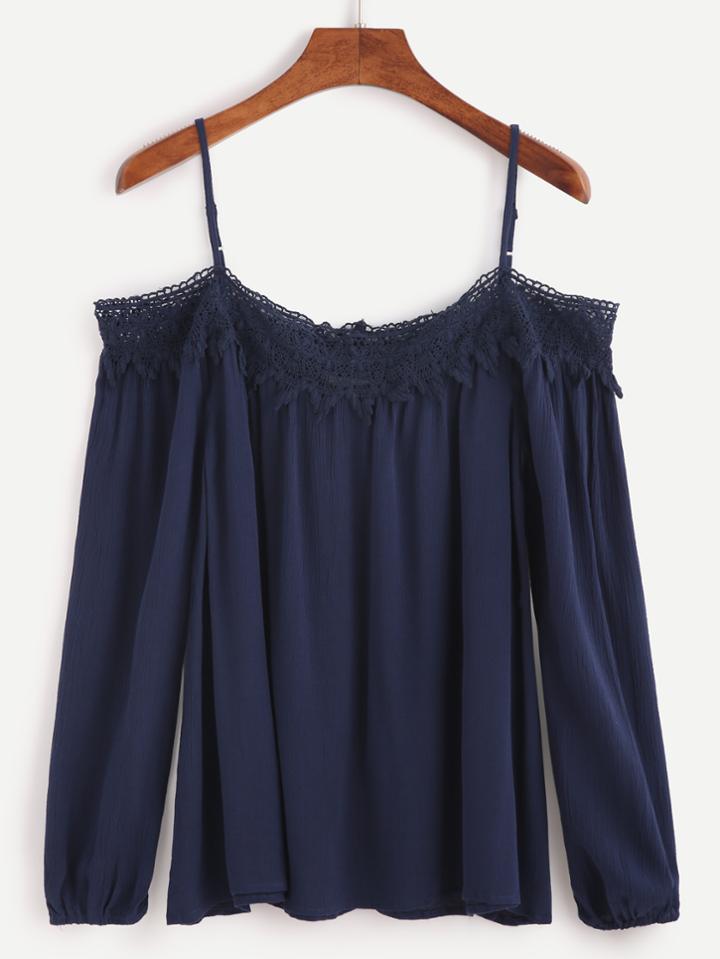 Shein Navy Cold Shoulder Crochet Trim Top