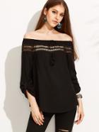 Shein Black Lace Insert Roll Tab Sleeve Off The Shoulder Top