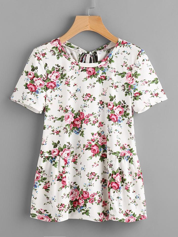 Shein Flower Print Keyhole Tie Back Gather Side T-shirt