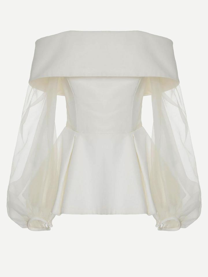 Shein Fold Over Bardot Mesh Balloon Sleeve Pep Hem Top