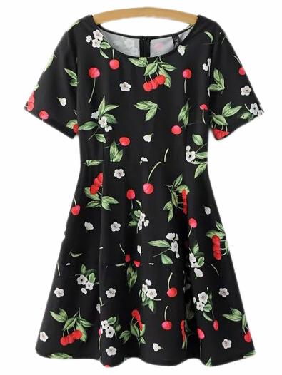 Shein Black Zipper Back Cherry Print Skater Dress