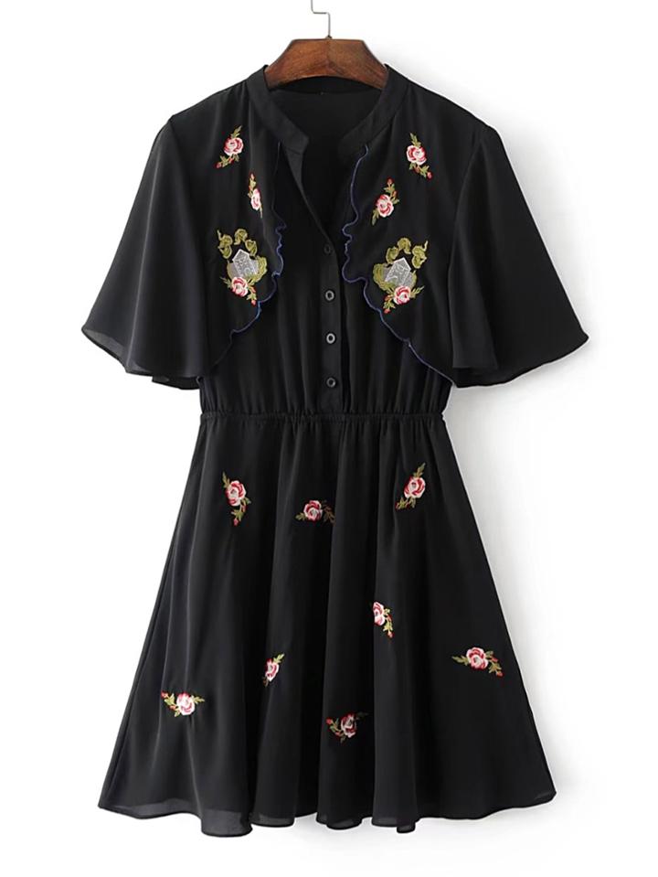 Shein Shirred Waist Embroidery Pleated Chiffon Dress