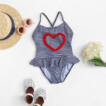 Shein Girls Frill Heart Striped Swimsuit