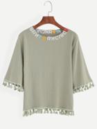 Shein Olive Green Letter Embroidered Tassel Trim T-shirt
