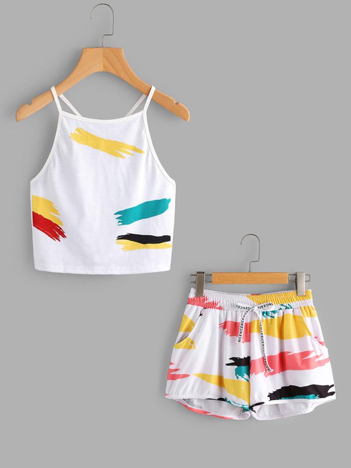 Shein Rainbow Graffiti Print Cami Top With Drawstring Shorts