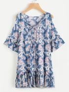 Shein Open Shoulder Leaves Print Tie Front Frill Hem Top