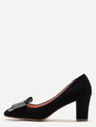 Shein Black Rhinestone Bow Suede Chunky Pumps