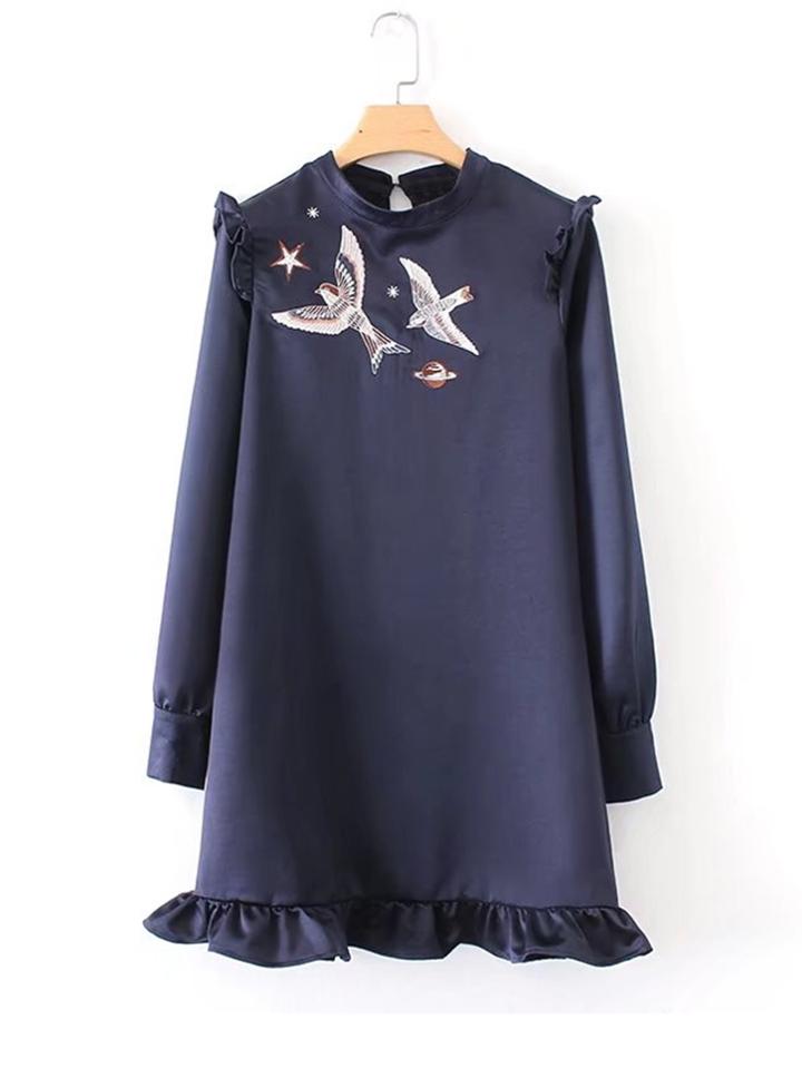 Shein Embroidered Bird Ruffle Hem Dress