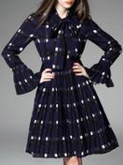 Shein Navy Tie Neck Bell Sleeve Plaid Pleated Dress