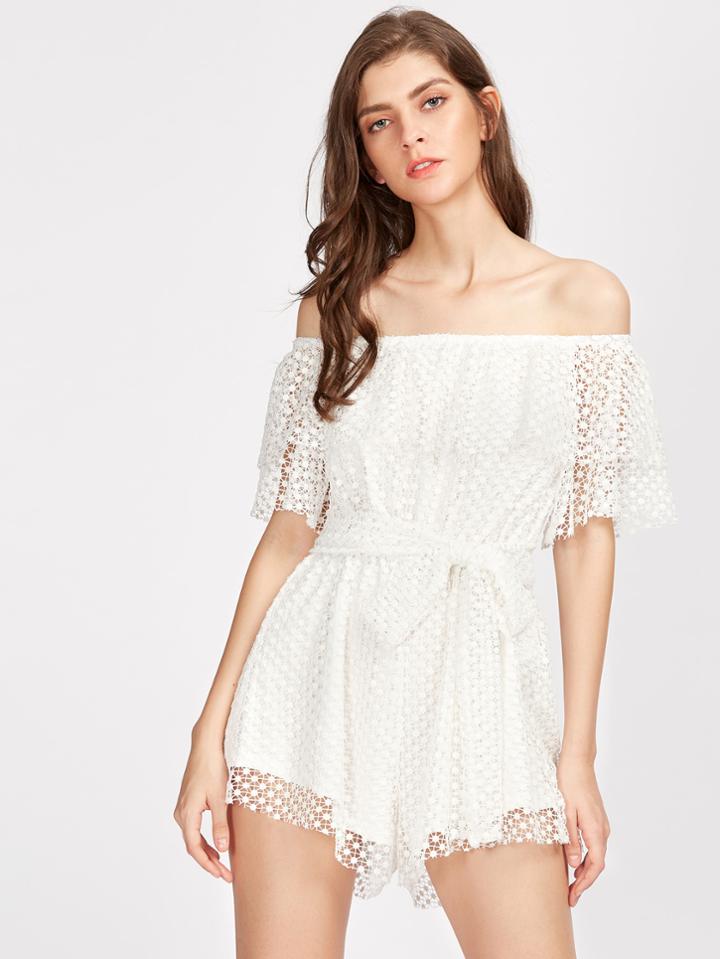 Shein Dot Crochet Overlay Frill Bardot Romper