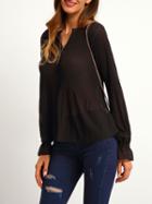 Shein Black Bell Sleeve Sheer Ruched Blouse