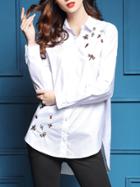 Shein White Lapel Animals Embroidered High Low Blouse
