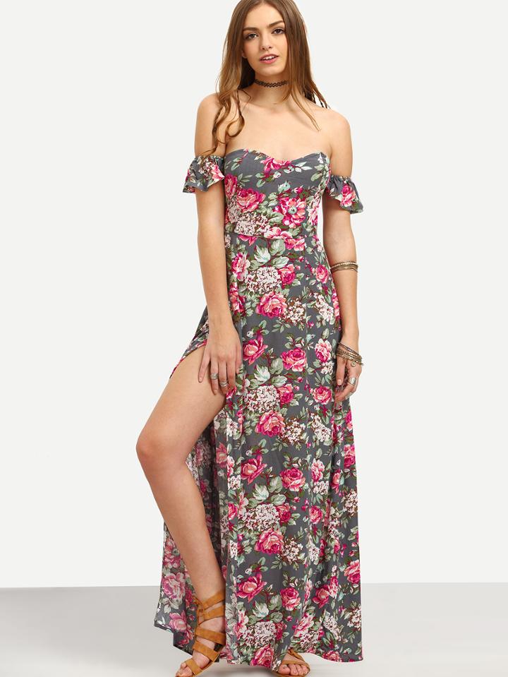 Shein Multicolor Floral Off The Shoulder Split Maxi Dress