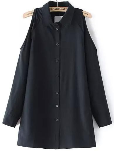 Shein Black Lapel Cold Shoulder Loose Blouse