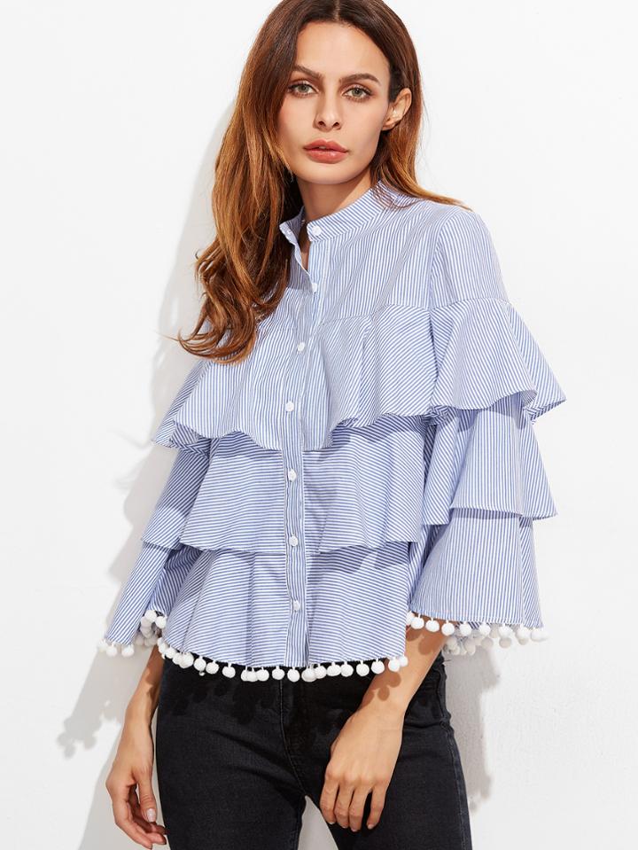 Shein Pom Pom Trim Layered Ruffle Pinstripe Blouse