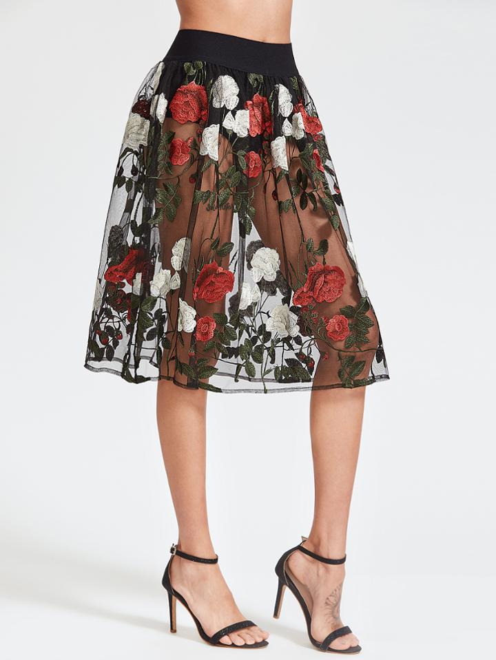 Shein Black Knicker Insert Rose Embroidered Mesh Skirt