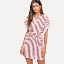 Shein Pocket Up Belted Striped Dress