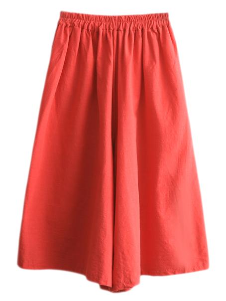 Shein Red Elastic Waist Wide Leg Cotton Hemp Culottes