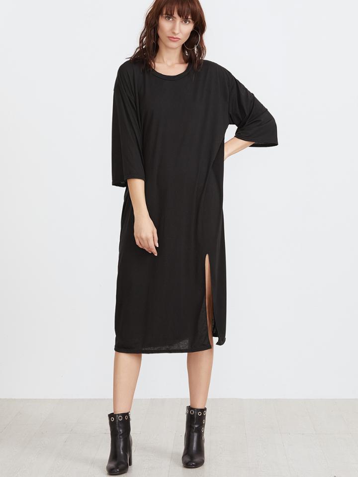 Shein Black Drop Shoulder Slit Hem Shift Dress
