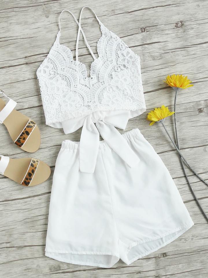 Shein Lace Panel Criss Cross Bow Tie Back Cami Top With Shorts