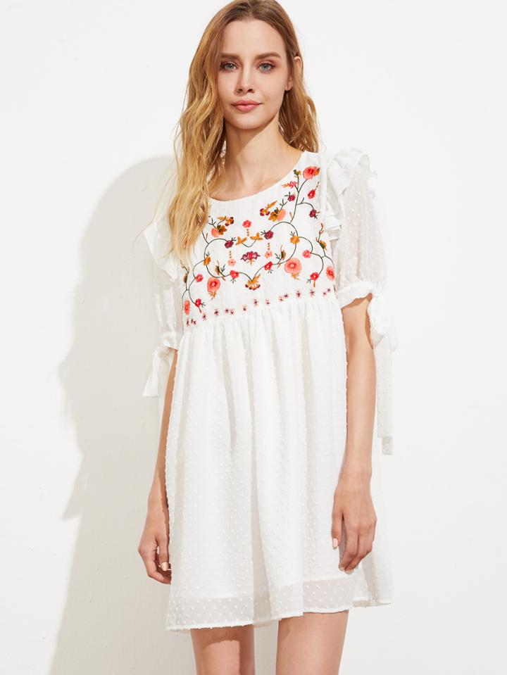 Shein Embroidered Yoke Tie Sleeve Dot Jacquard Babydoll Dress