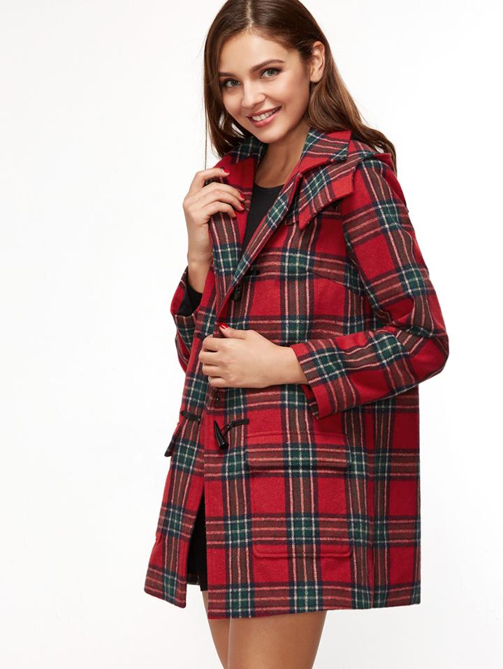 Shein Red Plaid Flap Pocket Front Hooded Duffle Coat