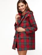 Shein Red Plaid Flap Pocket Front Hooded Duffle Coat