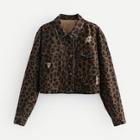 Shein Leopard Print Ripped Denim Jacket