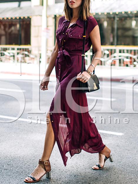 Shein Rose Red Button Belted Shirt Dress