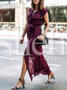 Shein Rose Red Button Belted Shirt Dress