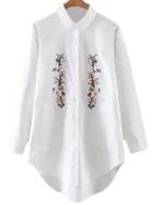 Shein White Dipped Hem Long Sleeve Embroidery Blouse