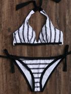 Shein Black And White Striped Halter Bikini Set