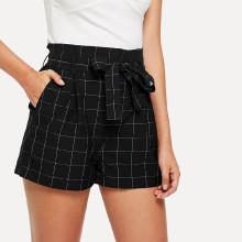 Shein Wide Waist Self Belted Grid Shorts