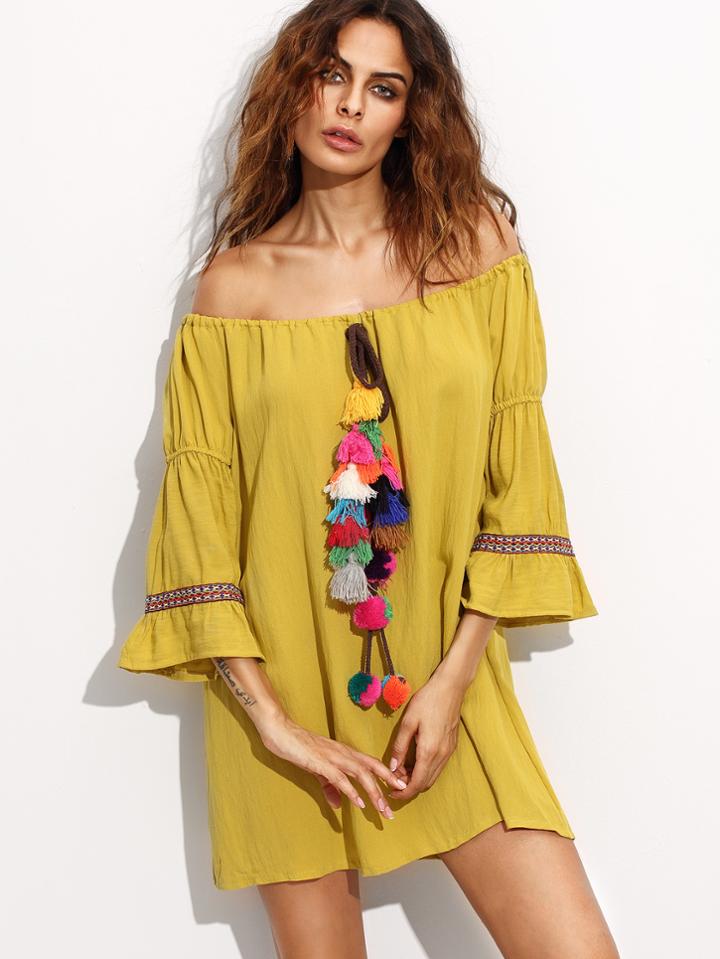 Shein Yellow Off The Shoulder Embroidered Tape Detail Fringe Dress