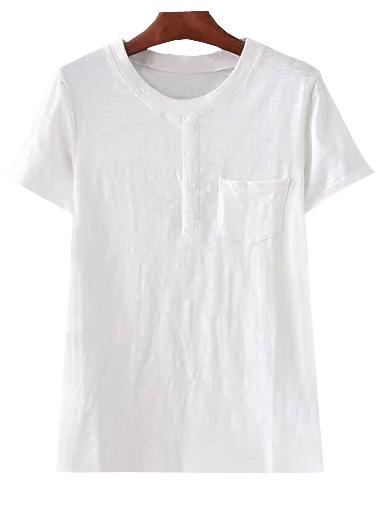 Shein White Buttons Pocket Casual T-shirt