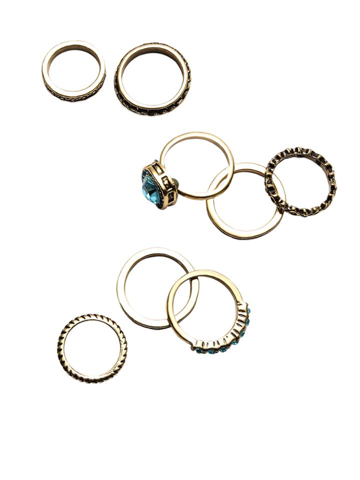 Shein 8pcs Antique Gold Rhinestone Ring Set