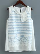 Shein Blue And White Pearl Embellished Applique Blouse