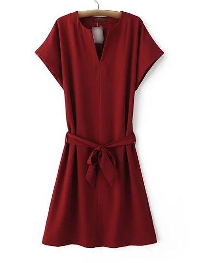 Shein Red V Neck Slim Dress With Belt
