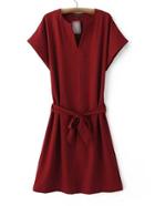Shein Red V Neck Slim Dress With Belt