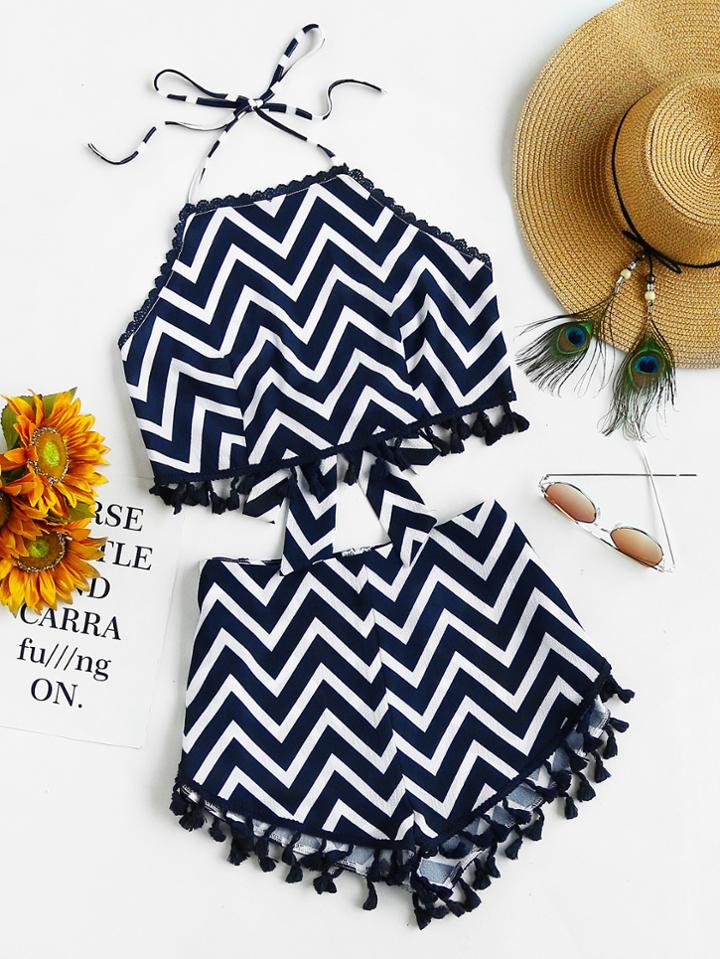 Shein Tassel Trim Tie Back Chevron Halter Top And Shorts Set