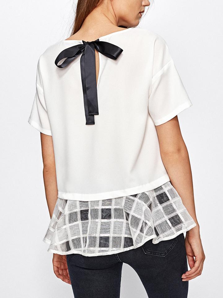 Shein Bow Back Checkered Mesh Trim Top