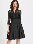Shein Black Contrast Floral Lace Shirt Dress