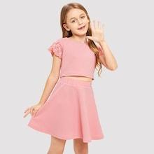 Shein Girls Laser Cut Scallop Trim Top & Skirt Set