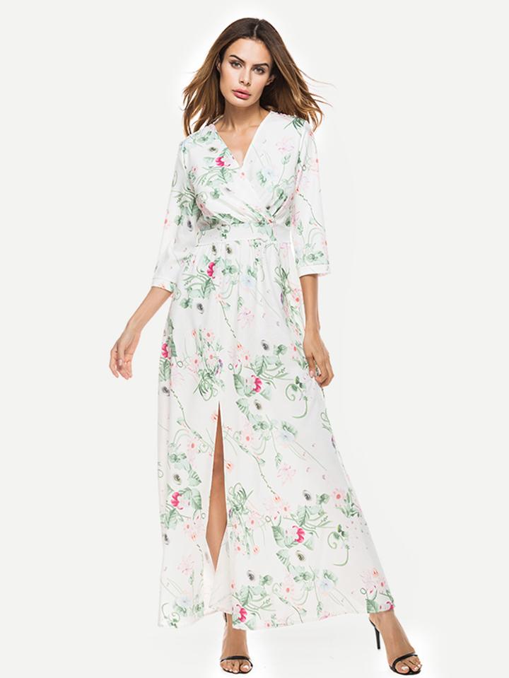 Shein Surplice Neckline Lace Panel Botanical Print Split Dress