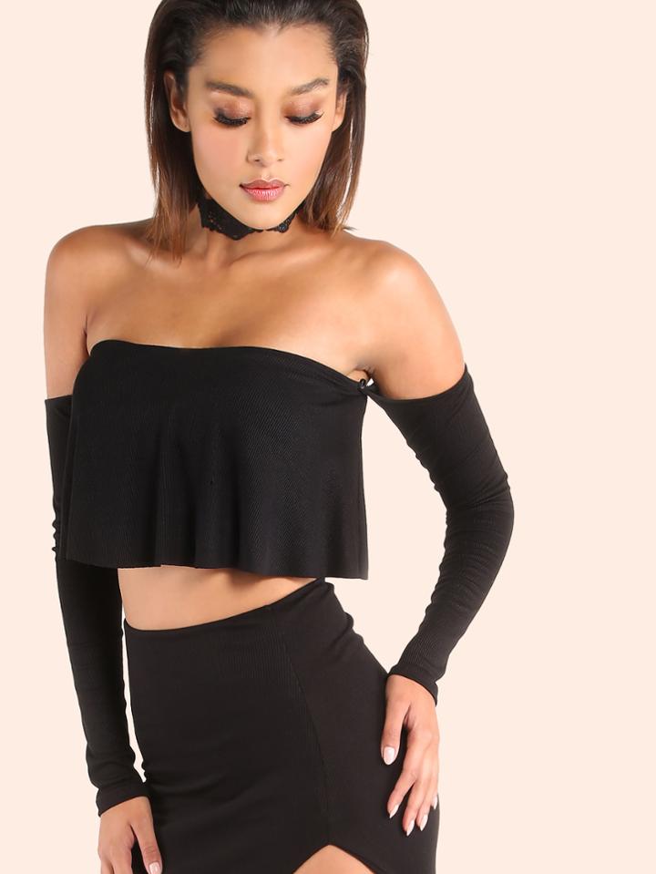 Shein Bardot Rib Knit Crop Top Black