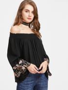 Shein Scalloped Embroidered Sleeve Smocked Bardot Top