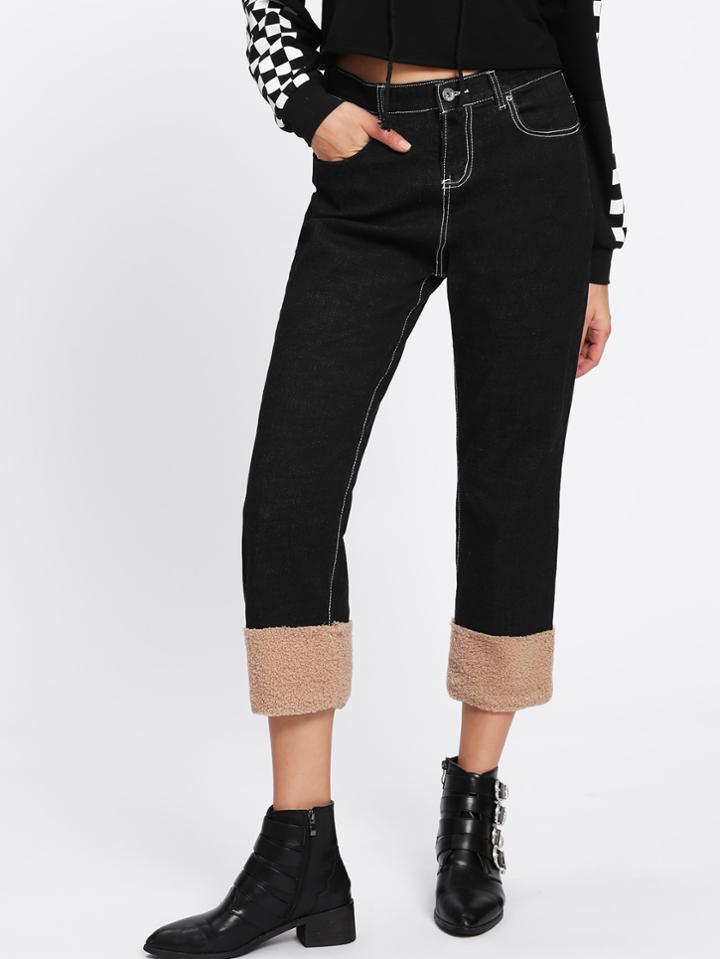 Shein Faux Fur Contrast Stitch Detail Jeans